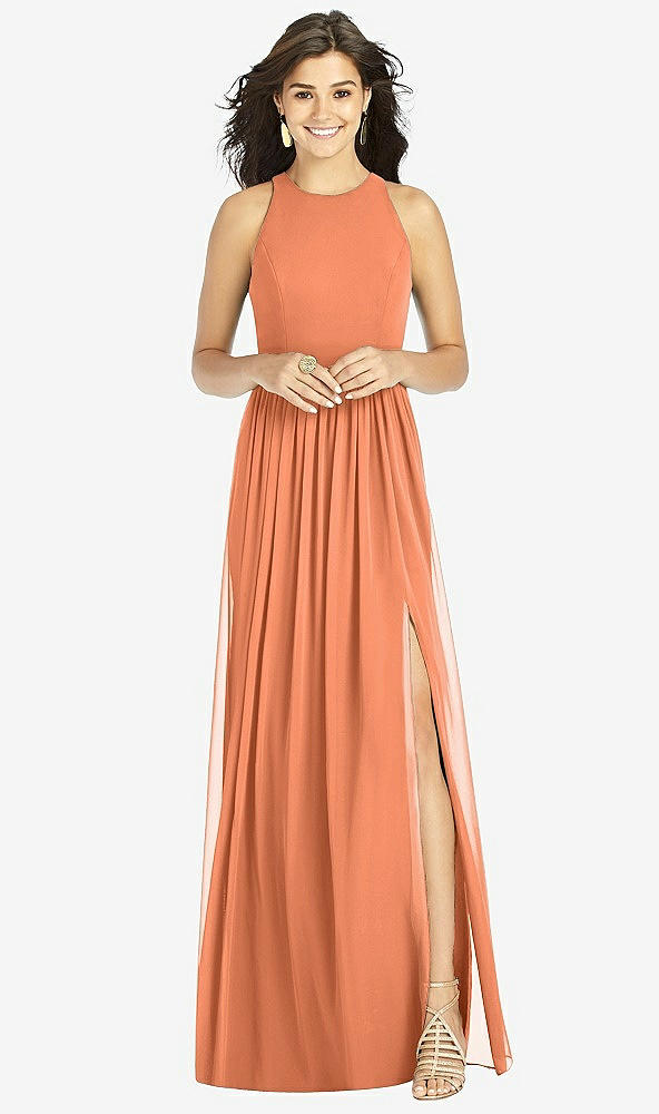 Front View - Sweet Melon Shirred Skirt Jewel Neck Halter Dress with Front Slit
