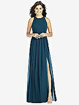 Front View Thumbnail - Atlantic Blue Shirred Skirt Jewel Neck Halter Dress with Front Slit