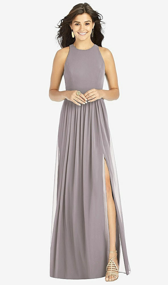 Front View - Cashmere Gray Shirred Skirt Jewel Neck Halter Dress with Front Slit