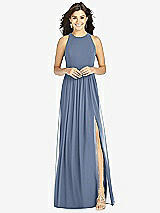 Front View Thumbnail - Larkspur Blue Shirred Skirt Jewel Neck Halter Dress with Front Slit