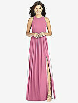Front View Thumbnail - Orchid Pink Shirred Skirt Jewel Neck Halter Dress with Front Slit
