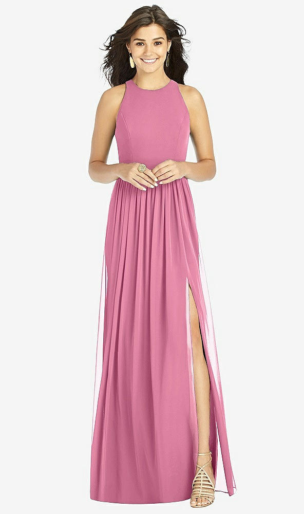 Front View - Orchid Pink Shirred Skirt Jewel Neck Halter Dress with Front Slit