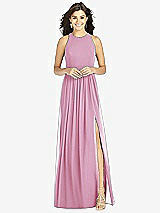 Front View Thumbnail - Powder Pink Shirred Skirt Jewel Neck Halter Dress with Front Slit
