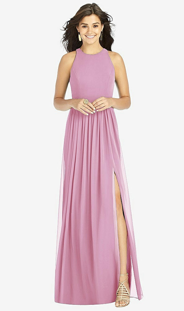 Front View - Powder Pink Shirred Skirt Jewel Neck Halter Dress with Front Slit