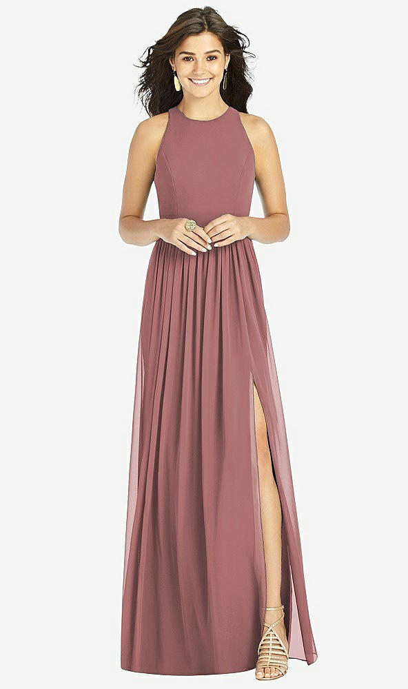 Front View - Rosewood Shirred Skirt Jewel Neck Halter Dress with Front Slit