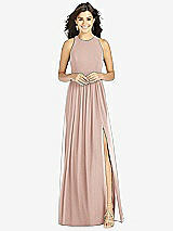 Front View Thumbnail - Toasted Sugar Shirred Skirt Jewel Neck Halter Dress with Front Slit