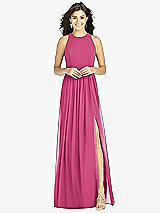 Front View Thumbnail - Tea Rose Shirred Skirt Jewel Neck Halter Dress with Front Slit