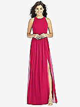 Front View Thumbnail - Vivid Pink Shirred Skirt Jewel Neck Halter Dress with Front Slit
