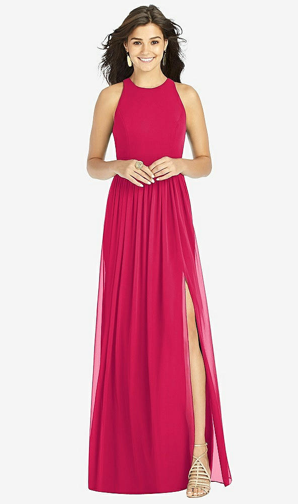 Front View - Vivid Pink Shirred Skirt Jewel Neck Halter Dress with Front Slit