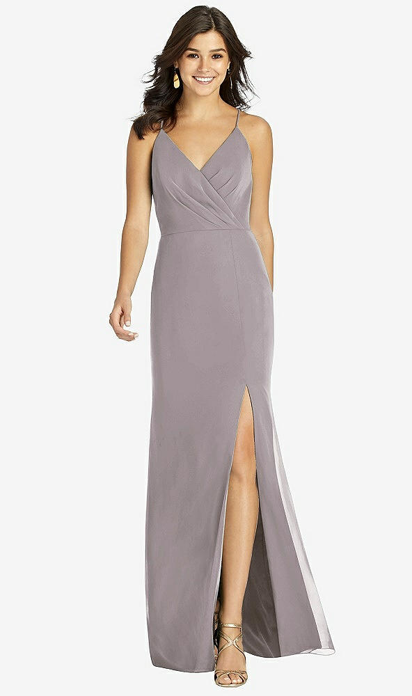 Front View - Cashmere Gray Criss Cross Back Mermaid Wrap Dress