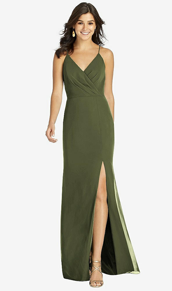 Front View - Olive Green Criss Cross Back Mermaid Wrap Dress