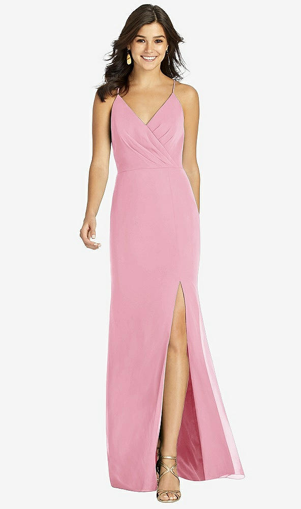 Front View - Peony Pink Criss Cross Back Mermaid Wrap Dress