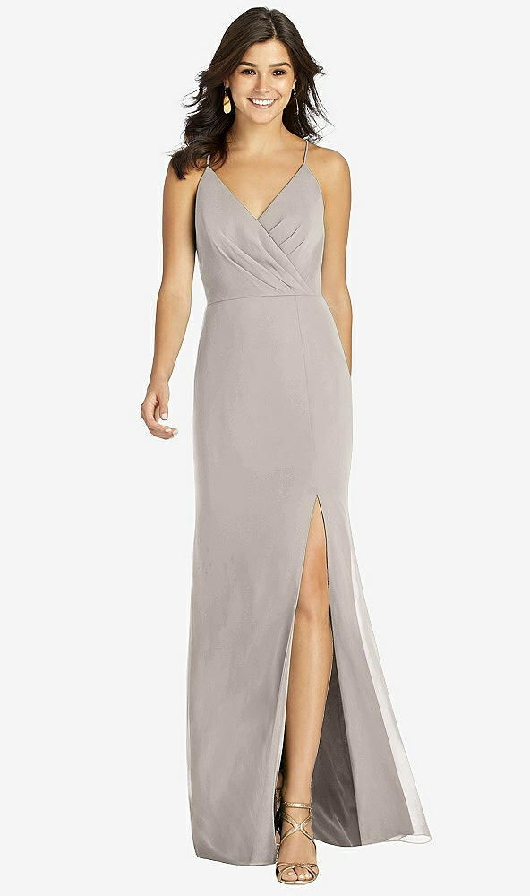 Front View - Taupe Criss Cross Back Mermaid Wrap Dress