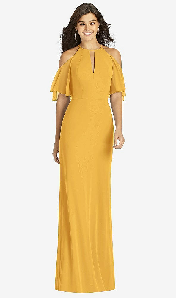 Front View - NYC Yellow Ruffle Cold-Shoulder Mermaid Maxi Dress