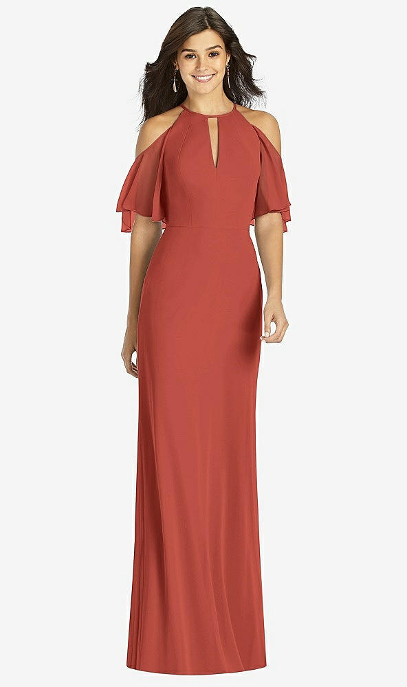 Front View - Amber Sunset Ruffle Cold-Shoulder Mermaid Maxi Dress
