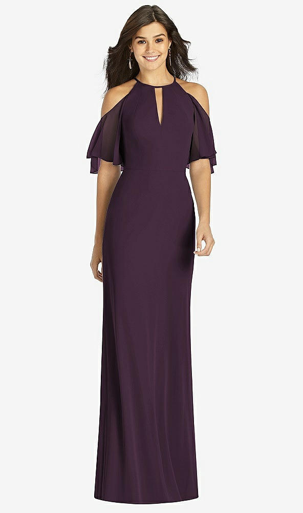 Front View - Aubergine Ruffle Cold-Shoulder Mermaid Maxi Dress