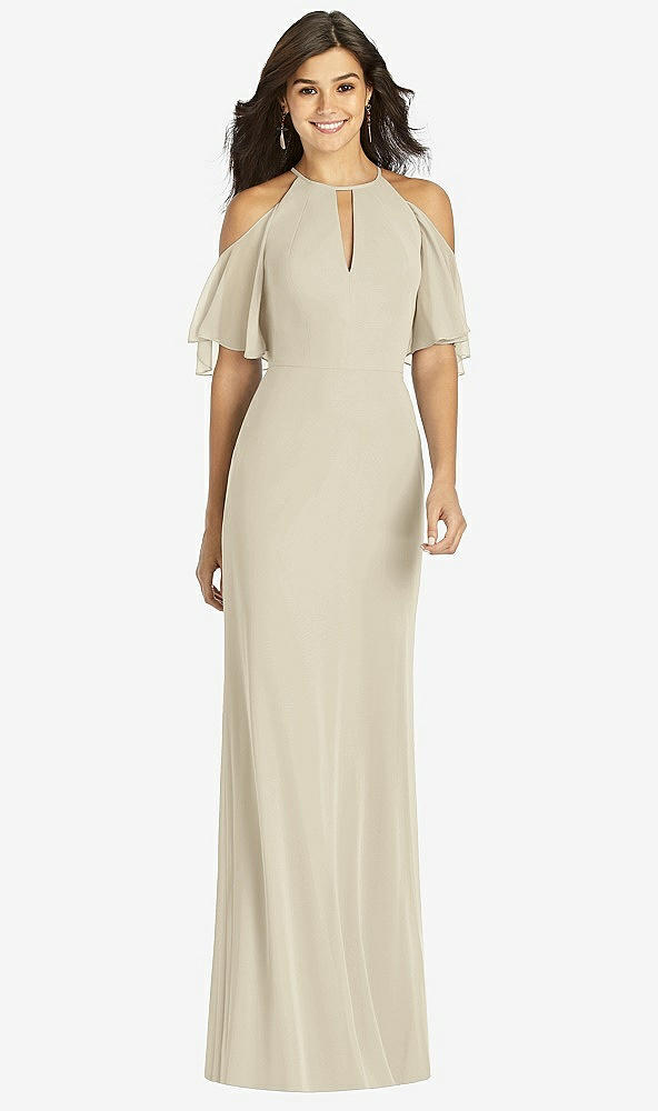 Front View - Champagne Ruffle Cold-Shoulder Mermaid Maxi Dress