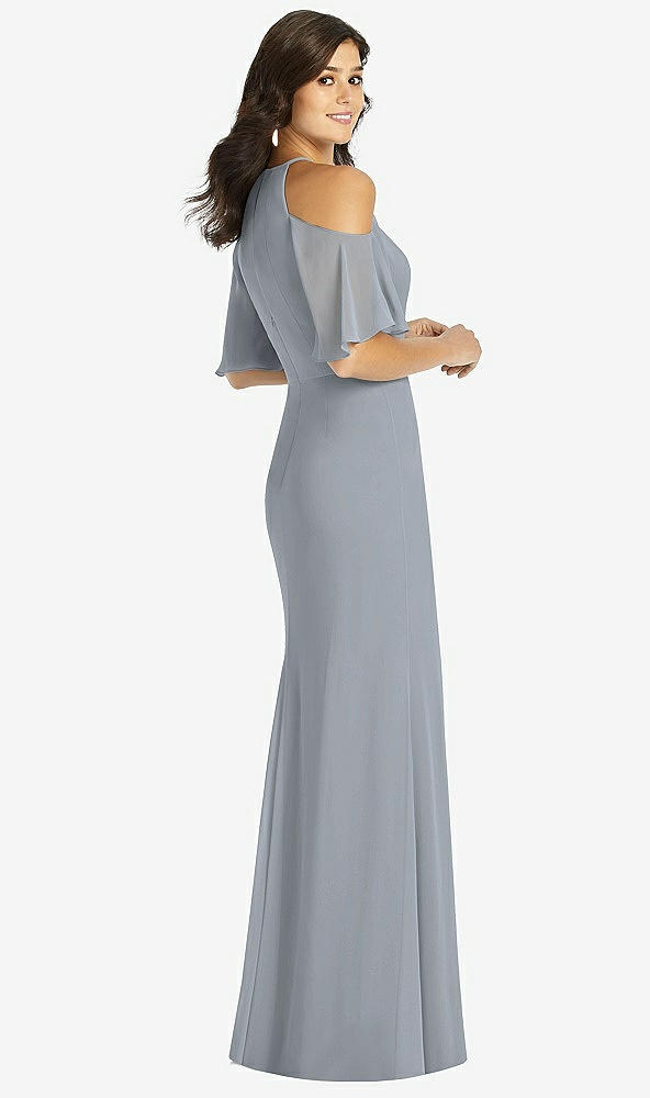 Back View - Platinum Ruffle Cold-Shoulder Mermaid Maxi Dress