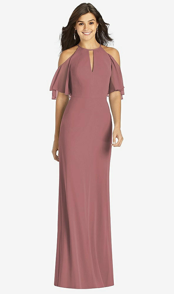 Front View - Rosewood Ruffle Cold-Shoulder Mermaid Maxi Dress