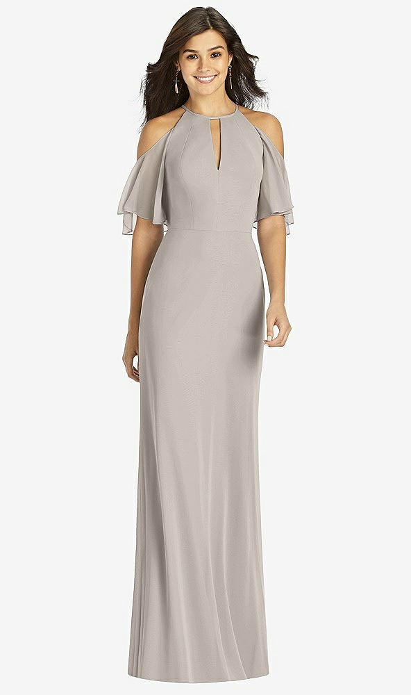 Front View - Taupe Ruffle Cold-Shoulder Mermaid Maxi Dress