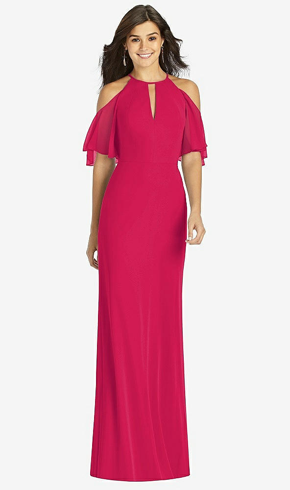 Front View - Vivid Pink Ruffle Cold-Shoulder Mermaid Maxi Dress