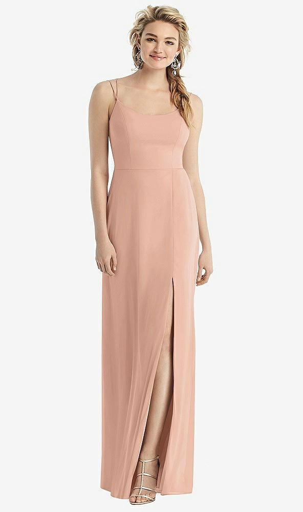 Back View - Pale Peach Cowl-Back Double Strap Maxi Dress with Side Slit