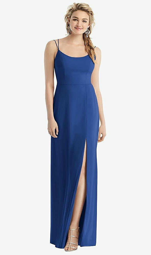 Back View - Classic Blue Cowl-Back Double Strap Maxi Dress with Side Slit