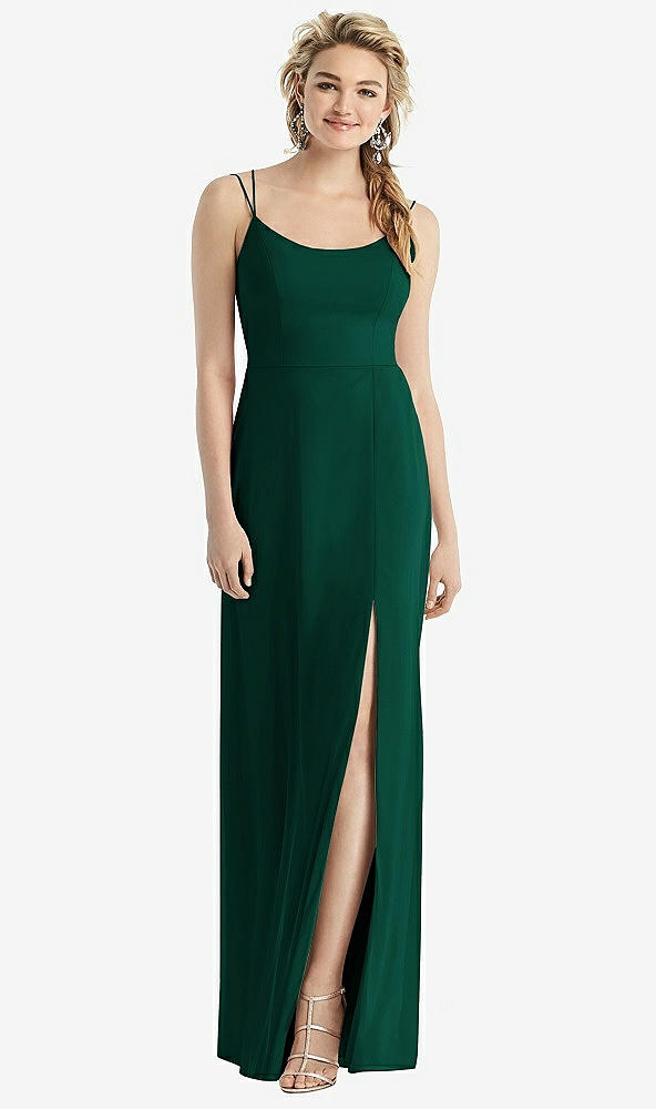 Back View - Hunter Green Cowl-Back Double Strap Maxi Dress with Side Slit