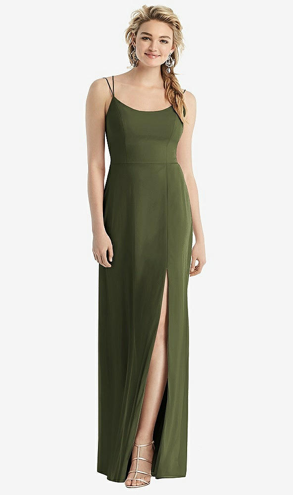 Back View - Olive Green Cowl-Back Double Strap Maxi Dress with Side Slit