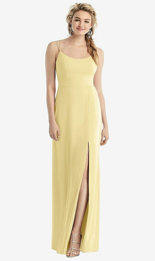 Back View - Pale Yellow Cowl-Back Double Strap Maxi Dress with Side Slit