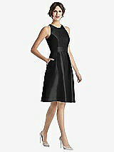 Front View Thumbnail - Black High-Neck Satin Cocktail Dress with Pockets