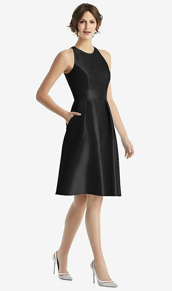 Front View - Black High-Neck Satin Cocktail Dress with Pockets