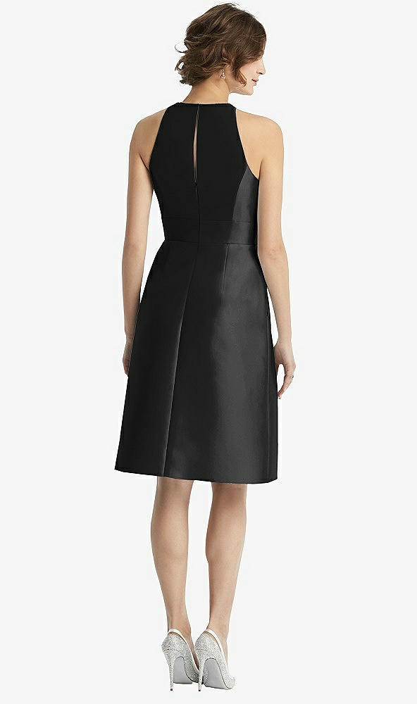 Back View - Black High-Neck Satin Cocktail Dress with Pockets