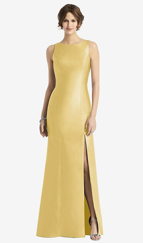 Front View - Maize Sleeveless Satin Trumpet Gown with Bow at Open-Back