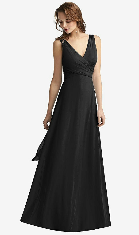 Front View - Black Sleeveless V-Neck Chiffon Wrap Dress