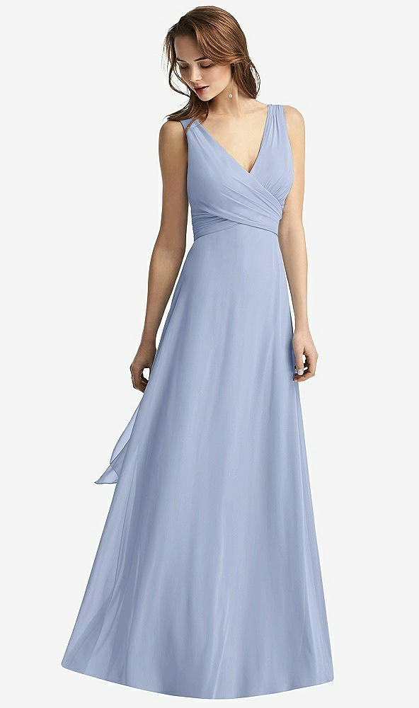 Front View - Sky Blue Sleeveless V-Neck Chiffon Wrap Dress