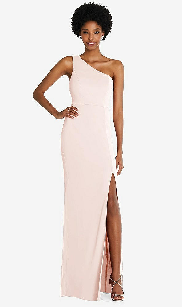 Front View - Blush One-Shoulder Chiffon Trumpet Gown
