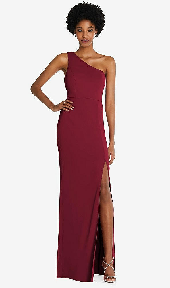 Front View - Burgundy One-Shoulder Chiffon Trumpet Gown