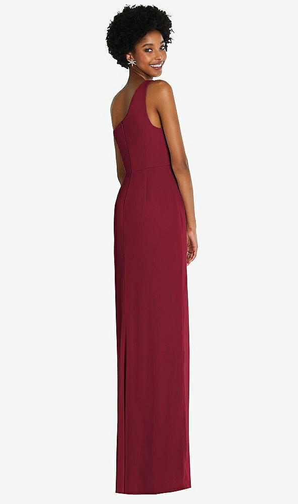 Back View - Burgundy One-Shoulder Chiffon Trumpet Gown