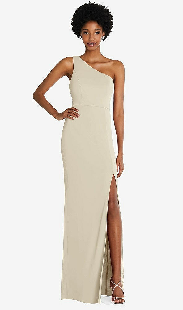 Front View - Champagne One-Shoulder Chiffon Trumpet Gown