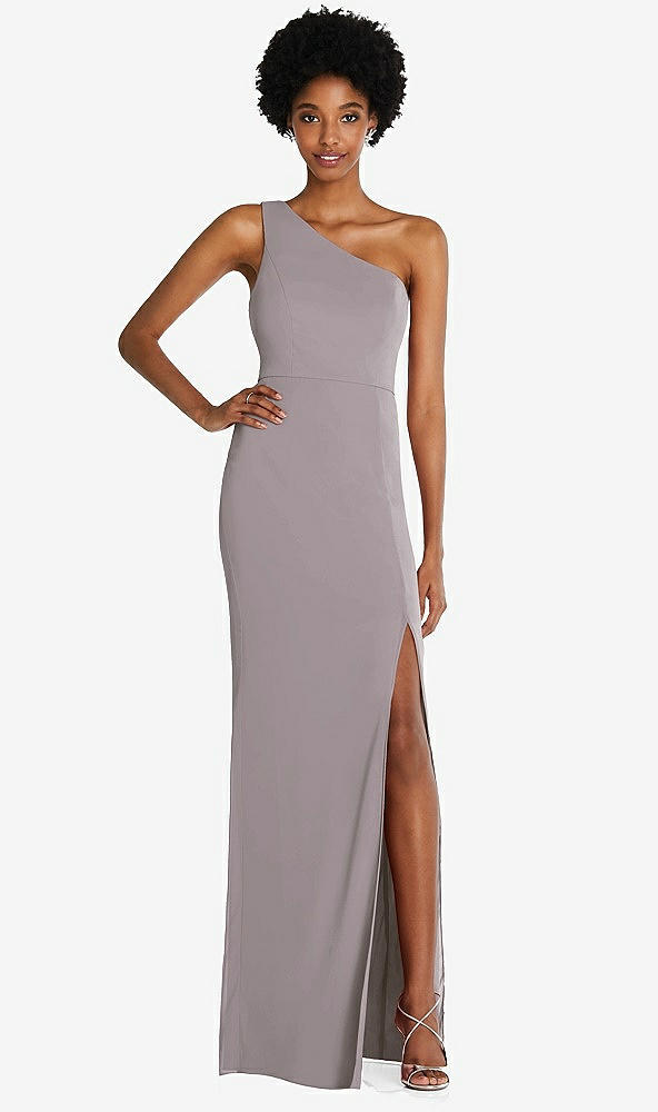 Front View - Cashmere Gray One-Shoulder Chiffon Trumpet Gown