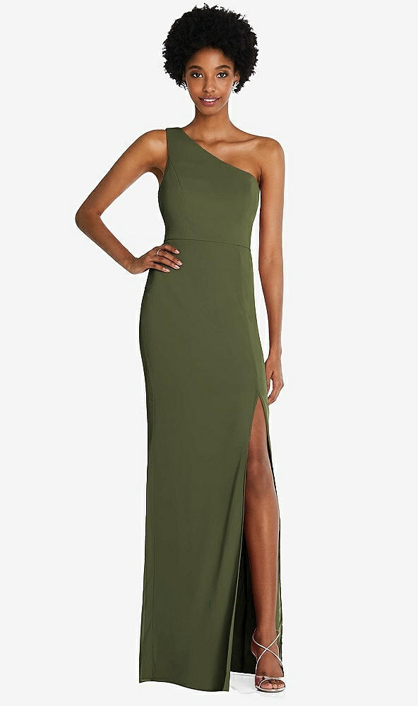 Front View - Olive Green One-Shoulder Chiffon Trumpet Gown