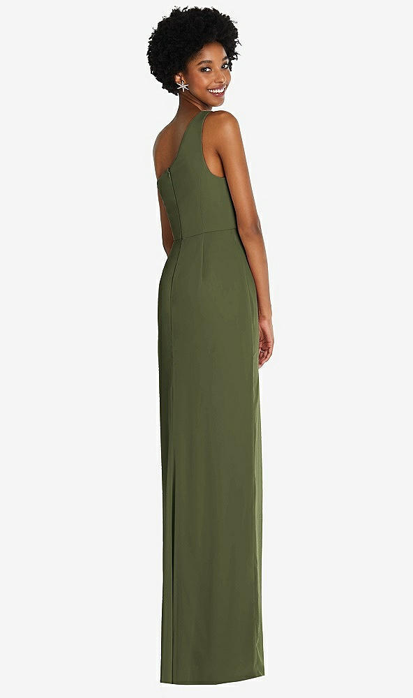 Back View - Olive Green One-Shoulder Chiffon Trumpet Gown