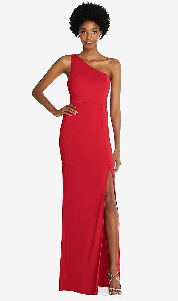 Front View - Parisian Red One-Shoulder Chiffon Trumpet Gown
