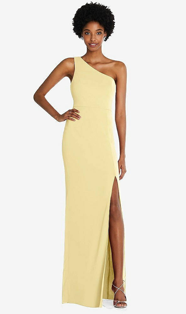 Front View - Pale Yellow One-Shoulder Chiffon Trumpet Gown