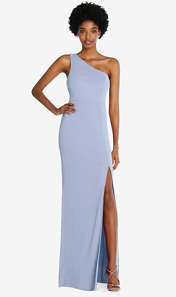 Front View - Sky Blue One-Shoulder Chiffon Trumpet Gown