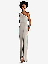 Side View Thumbnail - Taupe One-Shoulder Chiffon Trumpet Gown