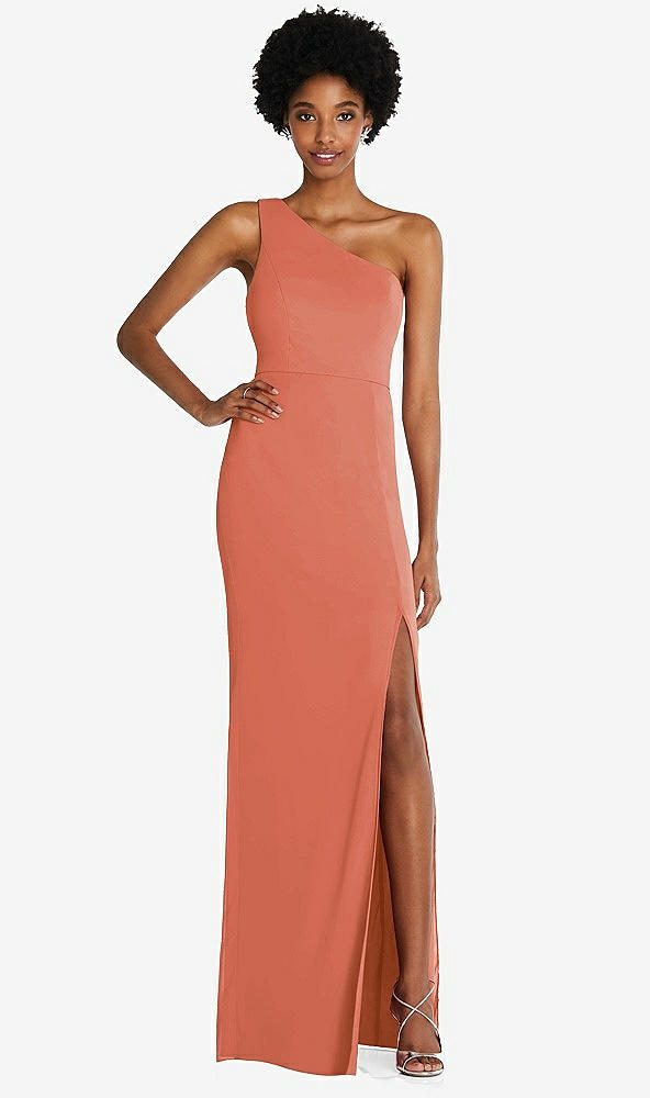 Front View - Terracotta Copper One-Shoulder Chiffon Trumpet Gown