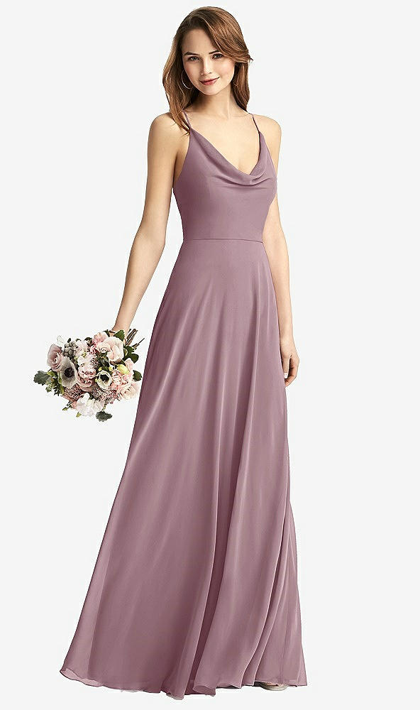 Front View - Dusty Rose Cowl Neck Criss Cross Back Maxi Dress