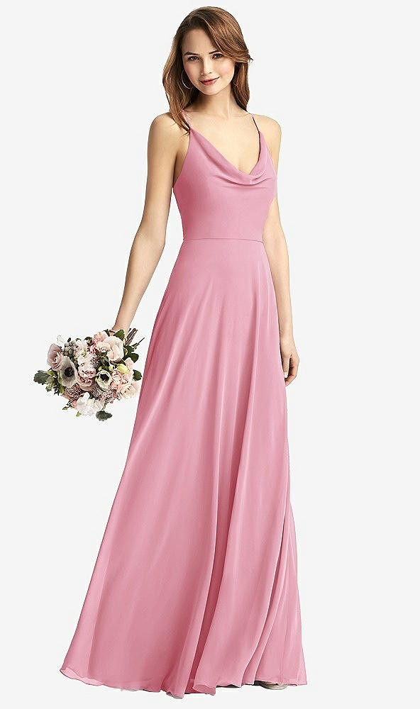 Front View - Peony Pink Cowl Neck Criss Cross Back Maxi Dress